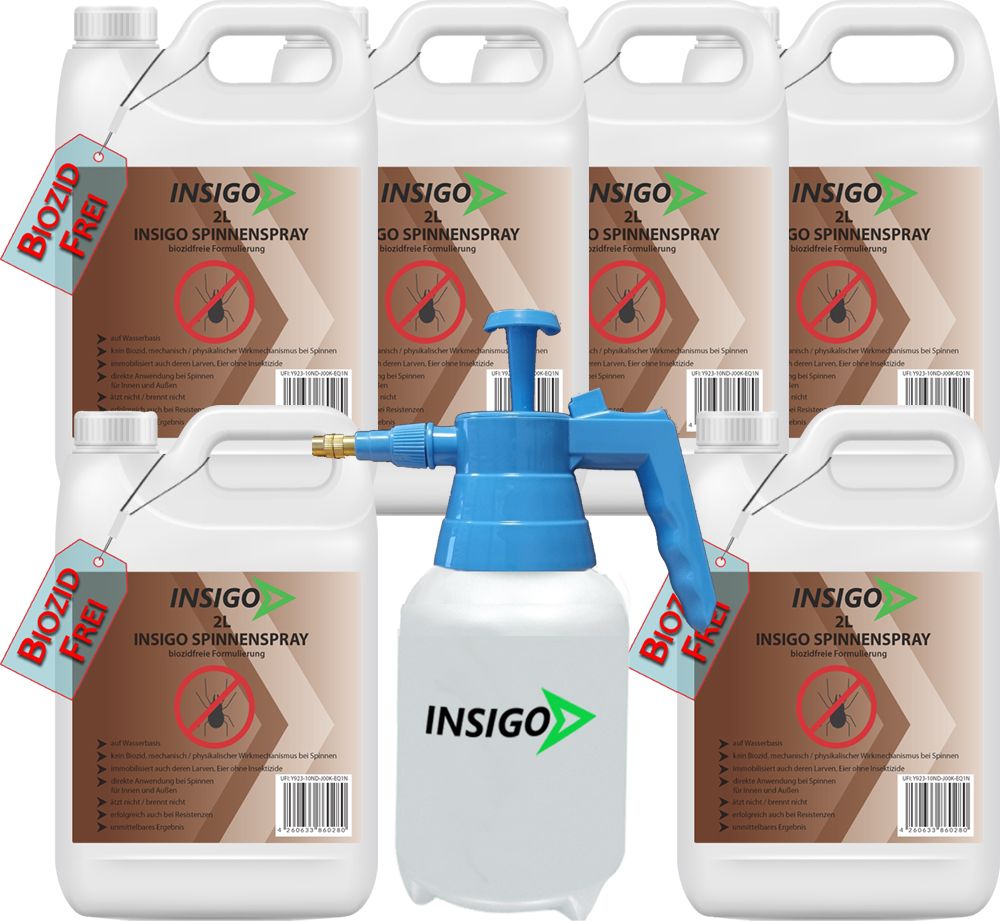Mehrere weiße Behälter mit Griffen und ein Sprühgerät. Auf den Behältern steht INSIGO Spinnenspray. Etikett: BIOZID FREI.