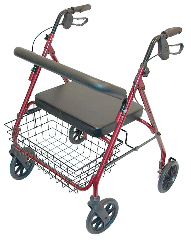 Rollator mit rotem Rahmen, schwarzem Sitz und Korb. Vier Räder, Handgriffe mit Bremsen.