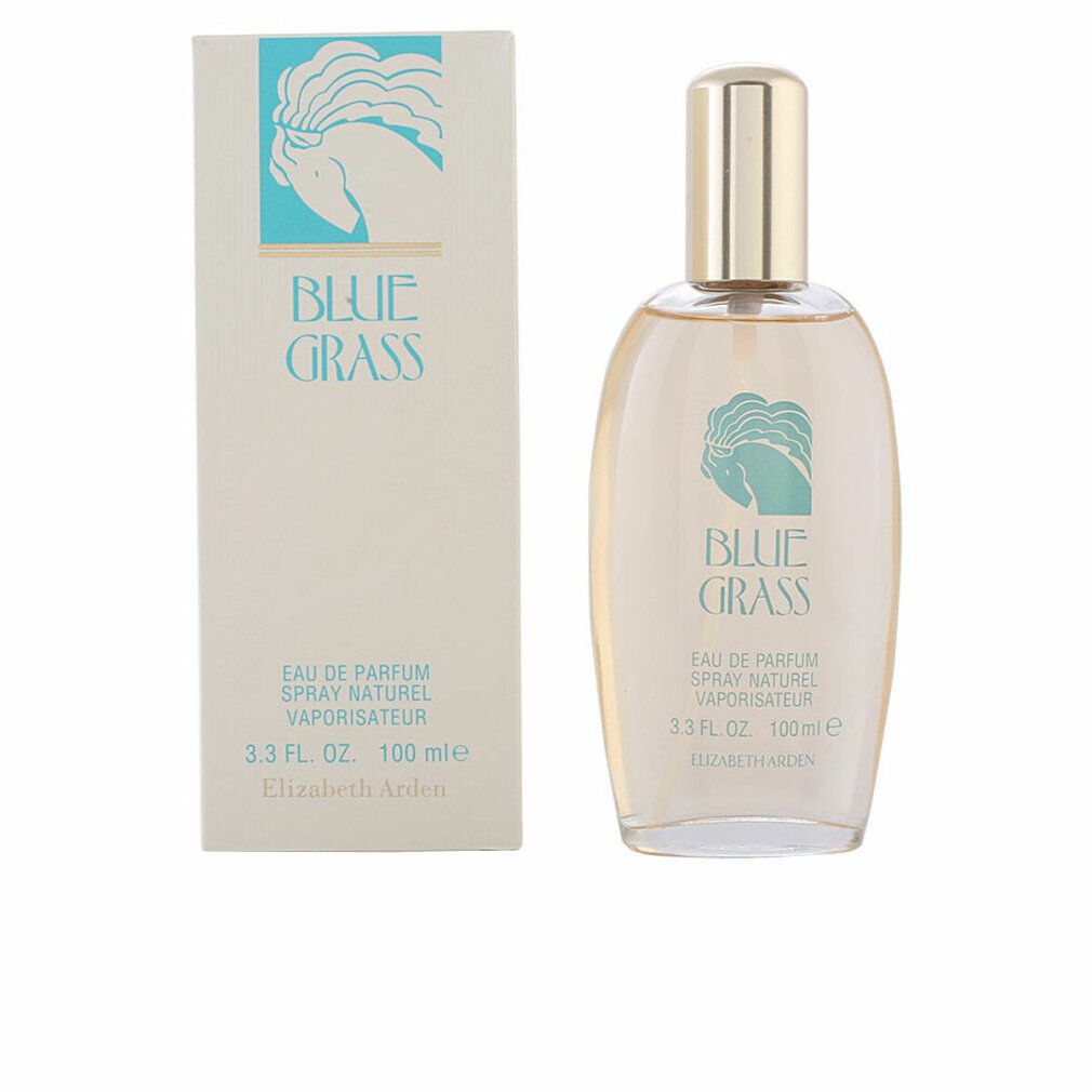 Parfümflasche und Schachtel. Flasche: Glas, goldener Deckel. Schachtel: Weiß, blaues Logo und Schriftzug "BLUE GRASS".