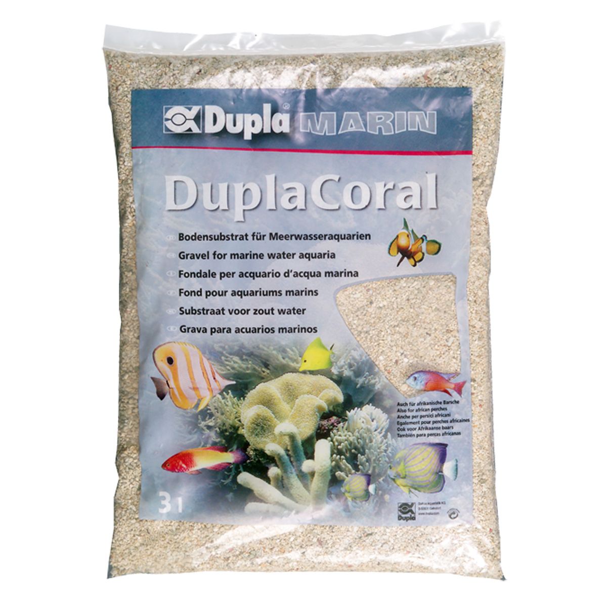 Beutel mit DuplaCoral Bodensubstrat für Meerwasseraquarien. Aufdrucke in mehreren Sprachen. Abbildung von Fischen und Korallen.