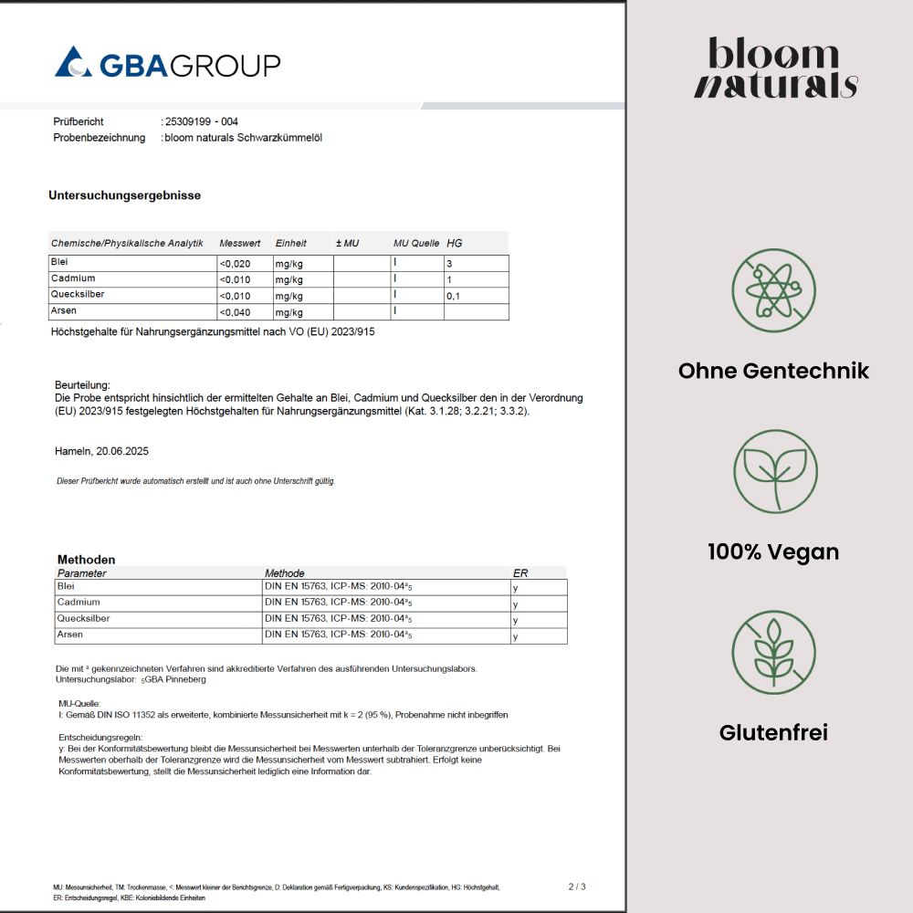 Prüfbericht von GBA GROUP für Bloom Naturals Schwarzkümmelöl. Ohne Gentechnik, Vegan, Glutenfrei.
