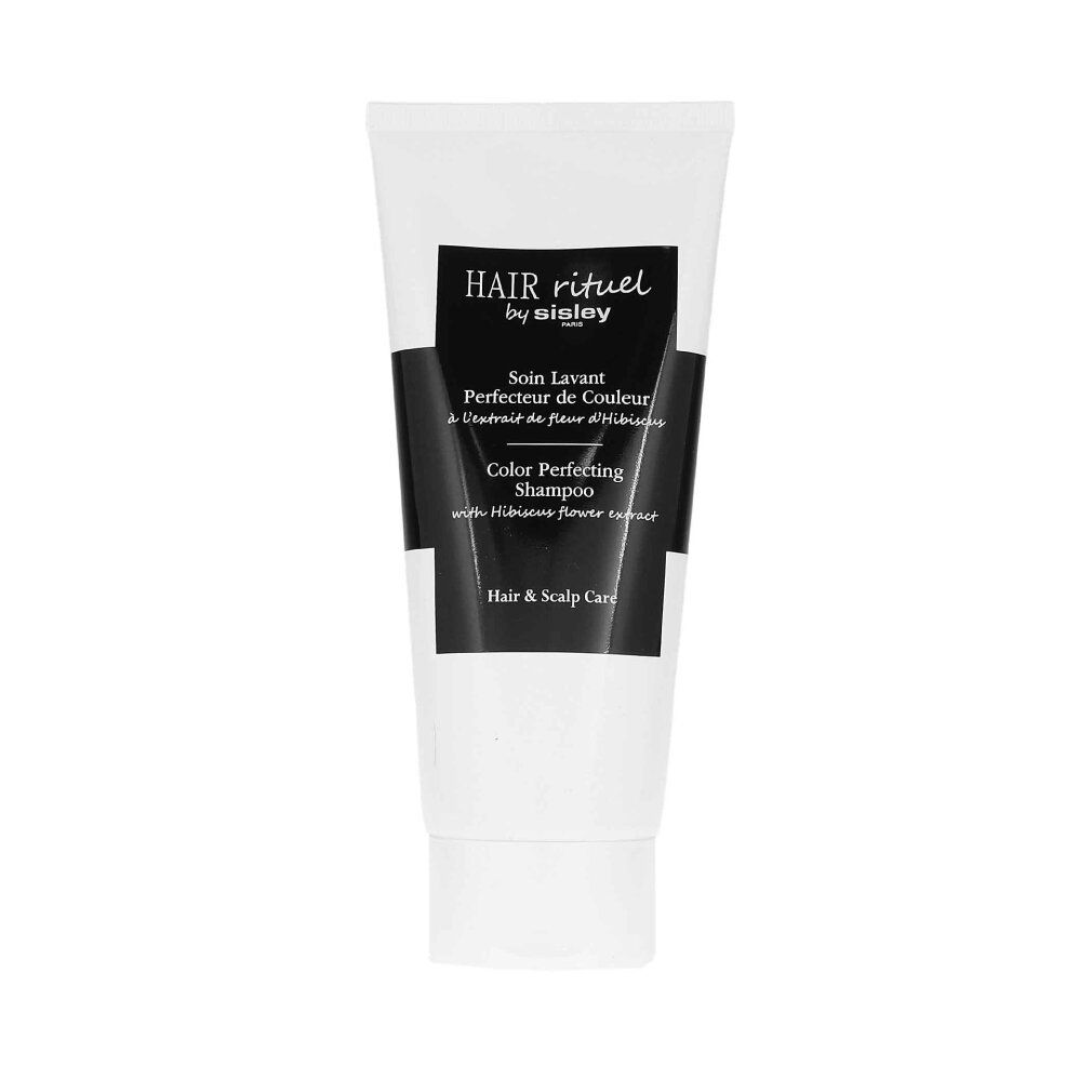 Weißer Shampoo-Tiegel mit schwarzem Etikett. Aufschrift: Hair Rituel by Sisley, Color Perfecting Shampoo.