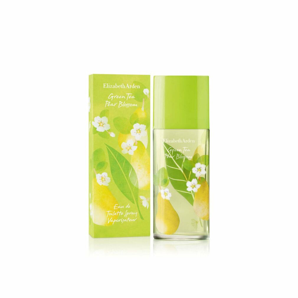Flakon und Schachtel mit floralem Design. Aufschrift: Elizabeth Arden Green Tea Pear Blossom. Eau de Toilette Spray.