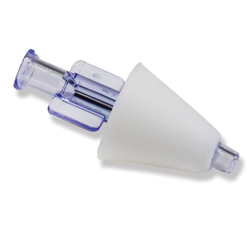 Nasenzerstäuber MAD 300 ohne Spritze. Konische Form, weißer Aufsatz, transparenter Körper. Medizinprodukt.