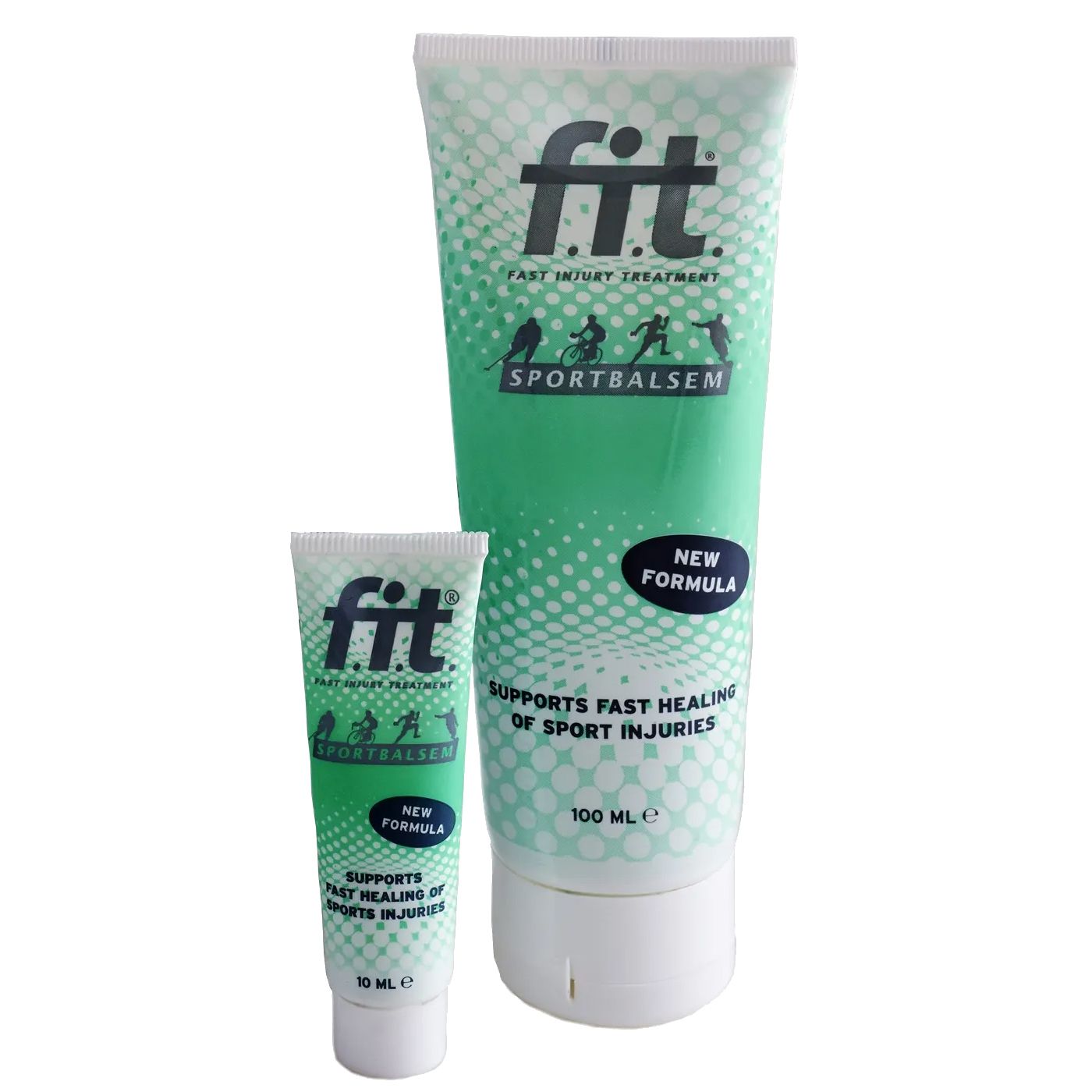 Zwei Tuben Sportbalsam. Große Tube: 100 ml, grün-weiß, Schriftzug "fit", "Sportbalsem". Kleine Tube: 10 ml, gleiche Aufmachung.