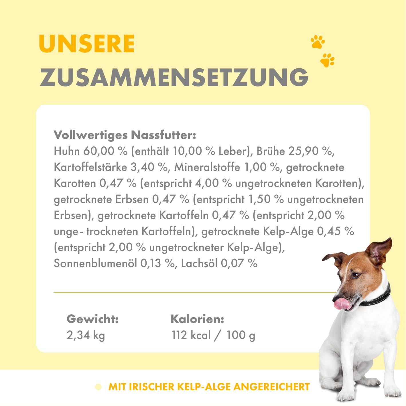 Hundefutter-Dose mit Zutatenliste, Gewicht und Kalorienangabe.