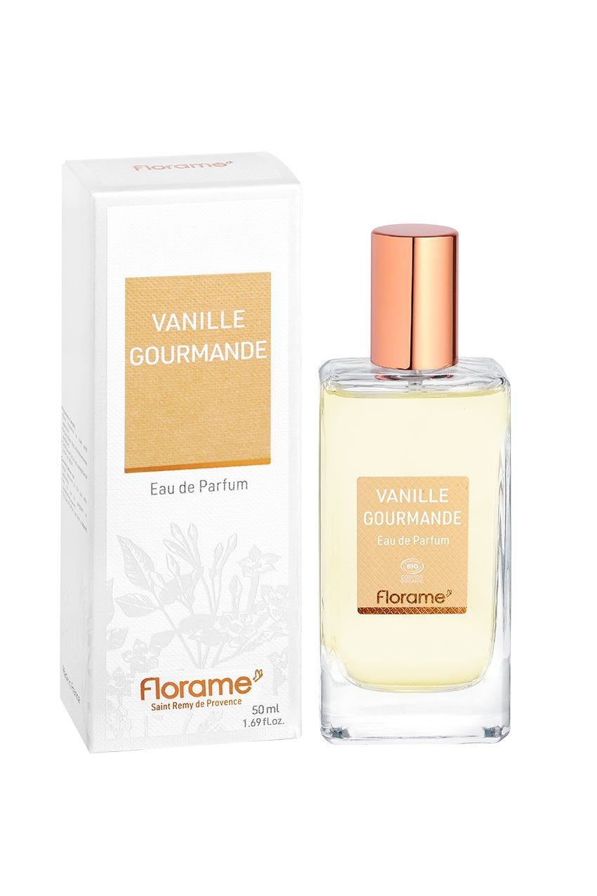 Parfümflakon und -verpackung. Aufschrift: Vanille Gourmande Eau de Parfum. Marke: Florame. Flakon aus Glas, Verschluss goldfarben.