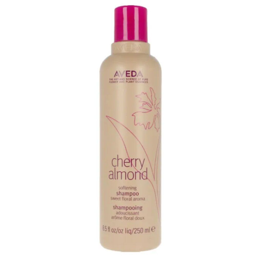 Beige Shampoo-Flasche mit pinkfarbenem Deckel. Aufschrift: Aveda, Cherry Almond, softening shampoo. 8.5 fl oz/250 ml.