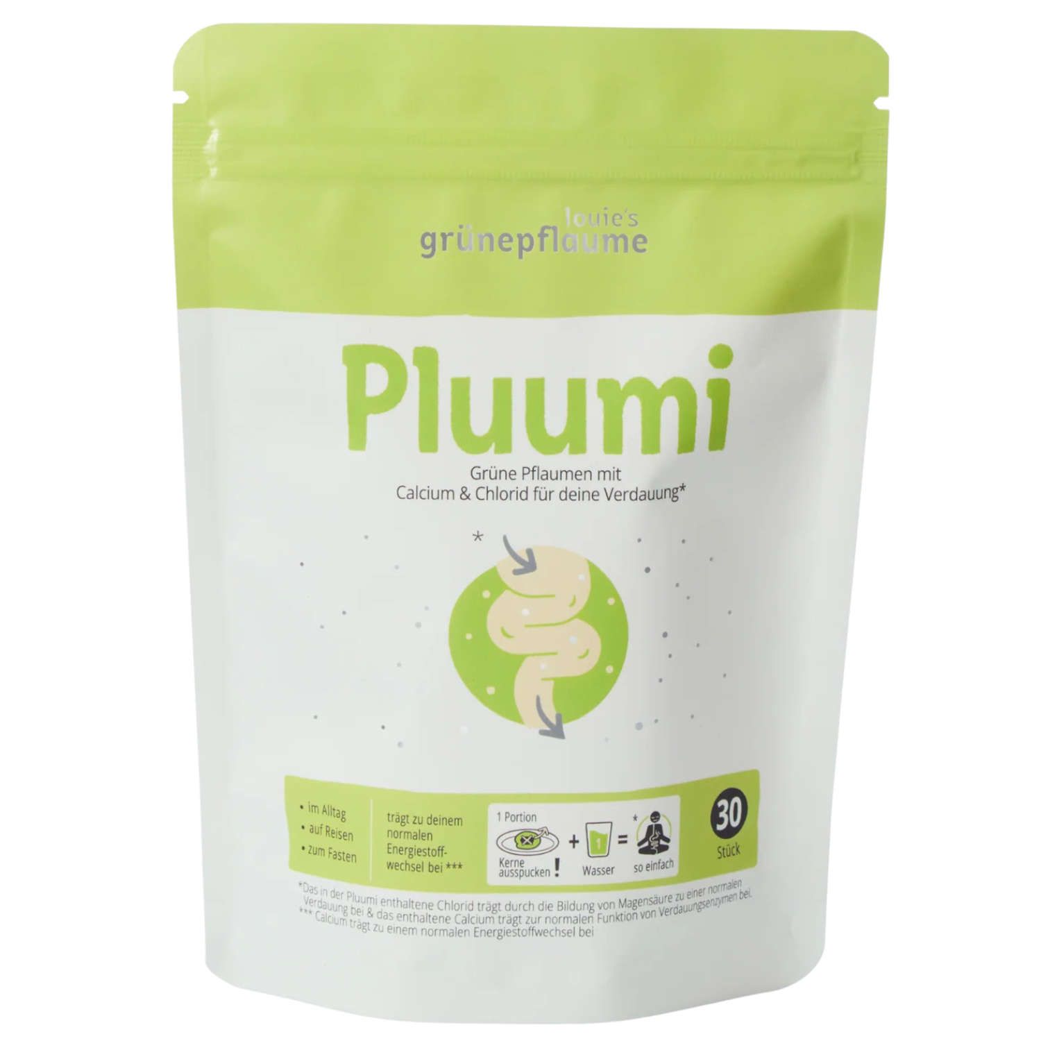 Beutel mit "Louie's Grünepflaume Pluumi". Text: "Grüne Pflaumen mit Calcium & Chlorid für deine Verdauung". Illustrationen und Text.