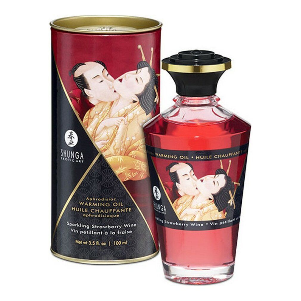 Rode fles en doos met etiketten. Opschrift: Shunga, Warming Oil, aardbei aroma. Illustratie van een kussend paar.