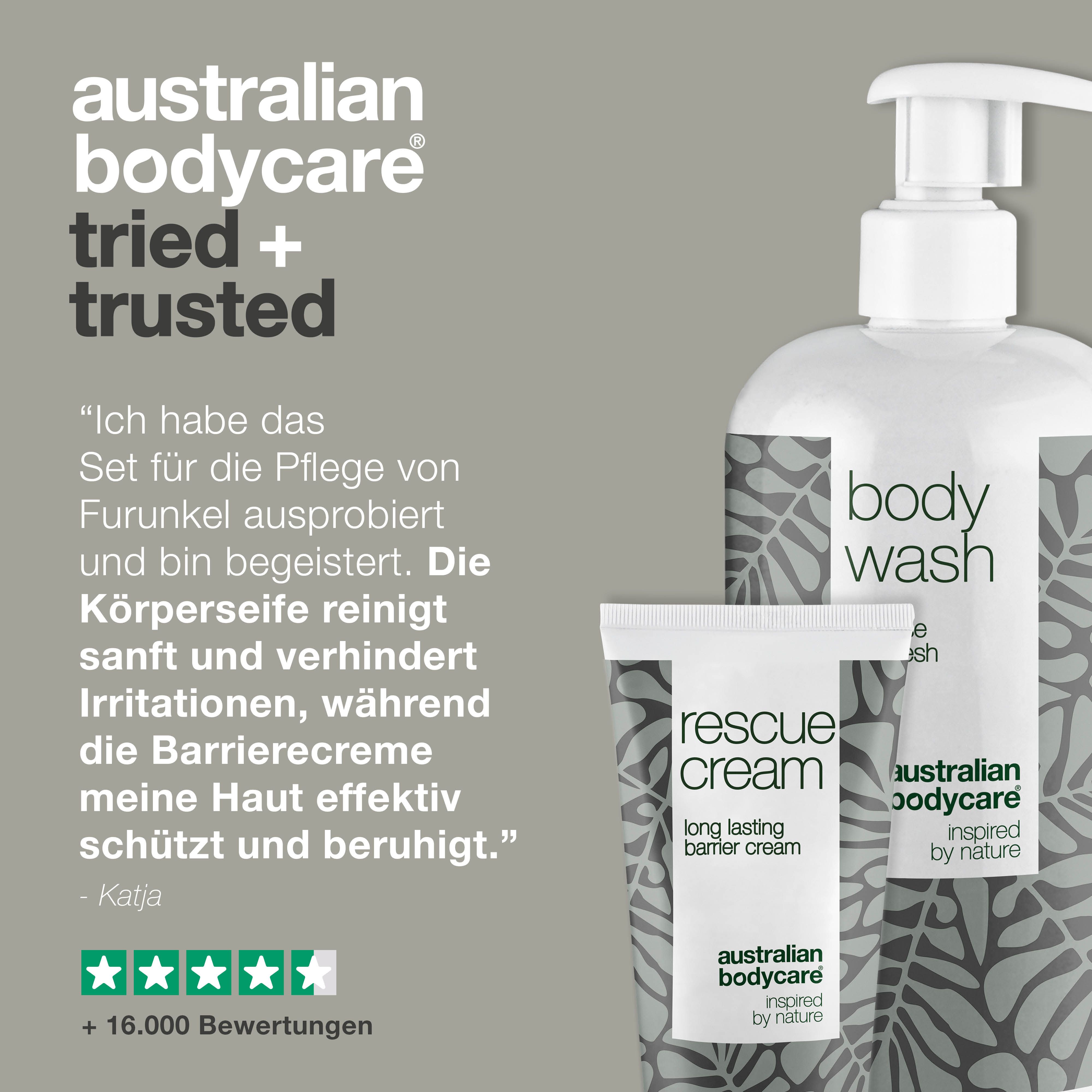 Body Wash, Rescue Cream und Zitat. Text: Body Wash, Rescue Cream, Australian Bodycare.
