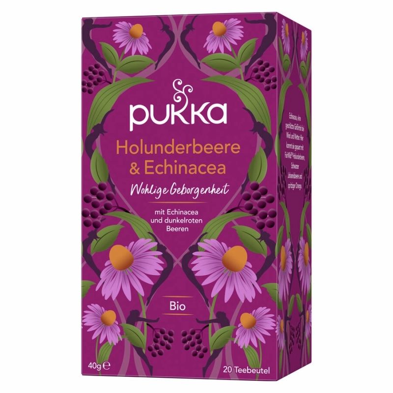 Verpackung von Pukka Tee. Aufschrift: Holunderbeere & Echinacea, Bio. Abbildung von Blüten und Beeren. 20 Teebeutel.