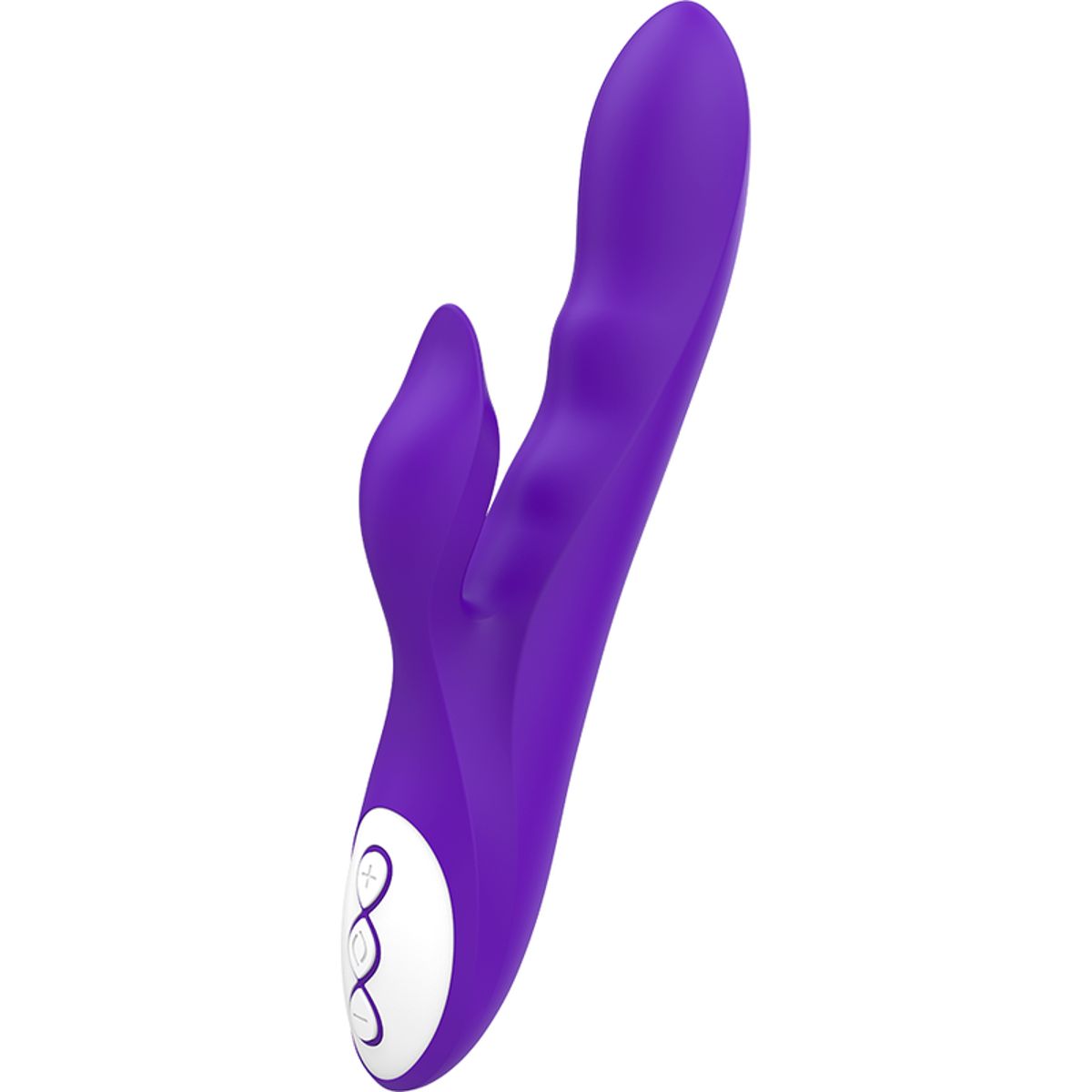 Lila Vibrator mit Hasenohren-Design. Weißes Bedienfeld mit drei Symbolen. Seitliche Ansicht.