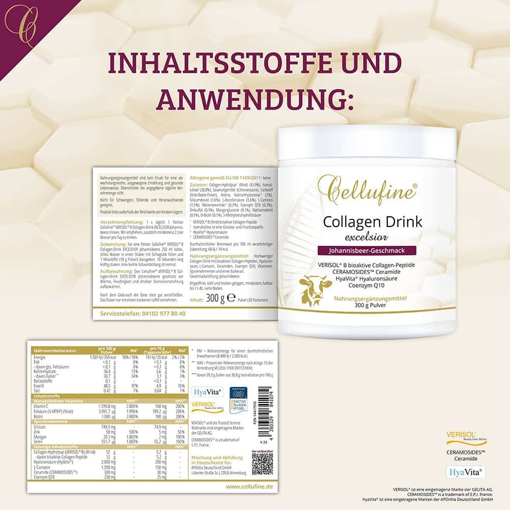 Produktabbildung mit Verpackung und Nährwertangaben von Cellufine® VERISOL® B Collagen-Drink. Enthält Informationen zu Inhaltsstoffen und Anwendung.