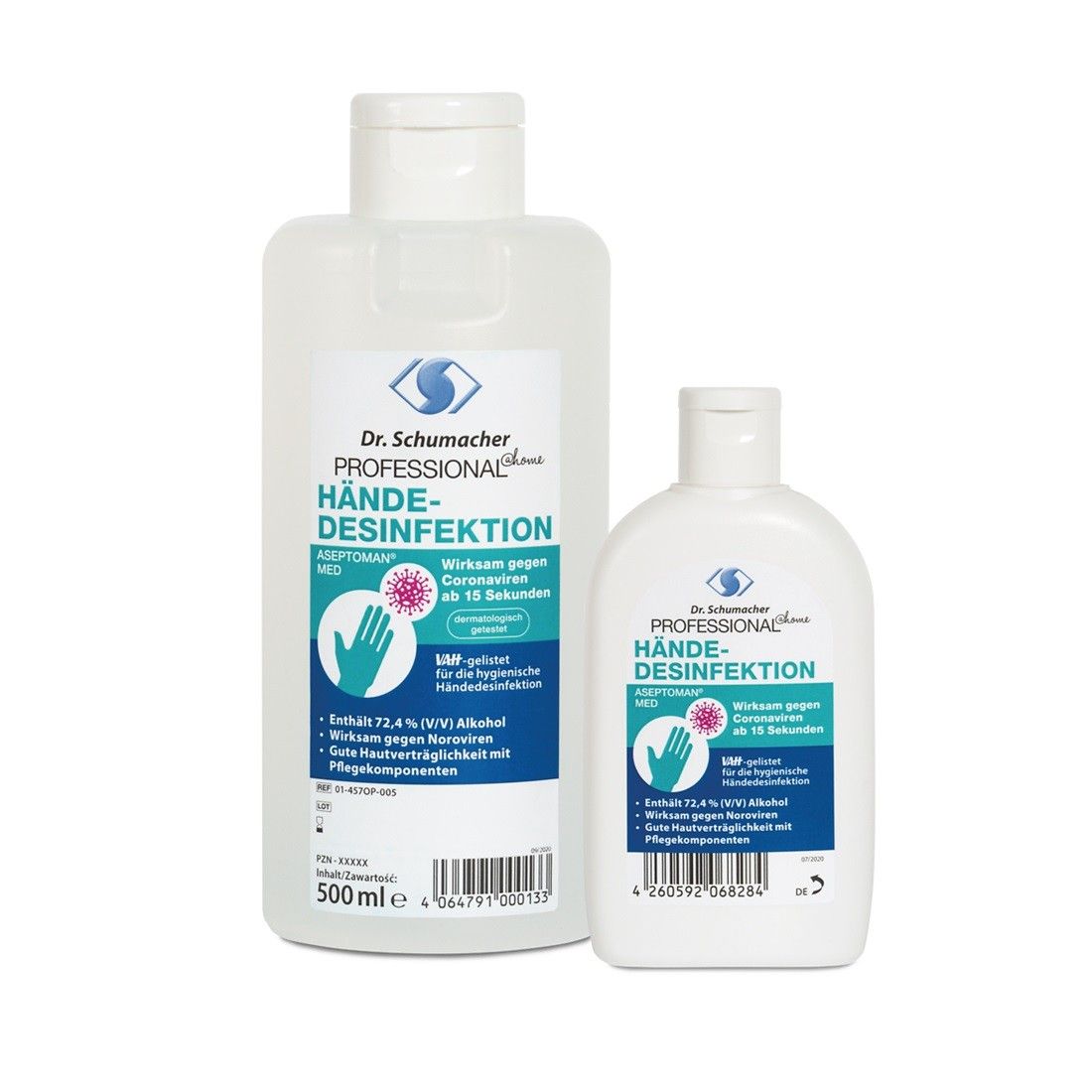 Zwei weiße Flaschen mit blau-grünen Etiketten. Aufschrift: Dr. Schumacher Professional Hände-Desinfektion. Wirksam gegen Coronaviren. 500ml und 100ml.