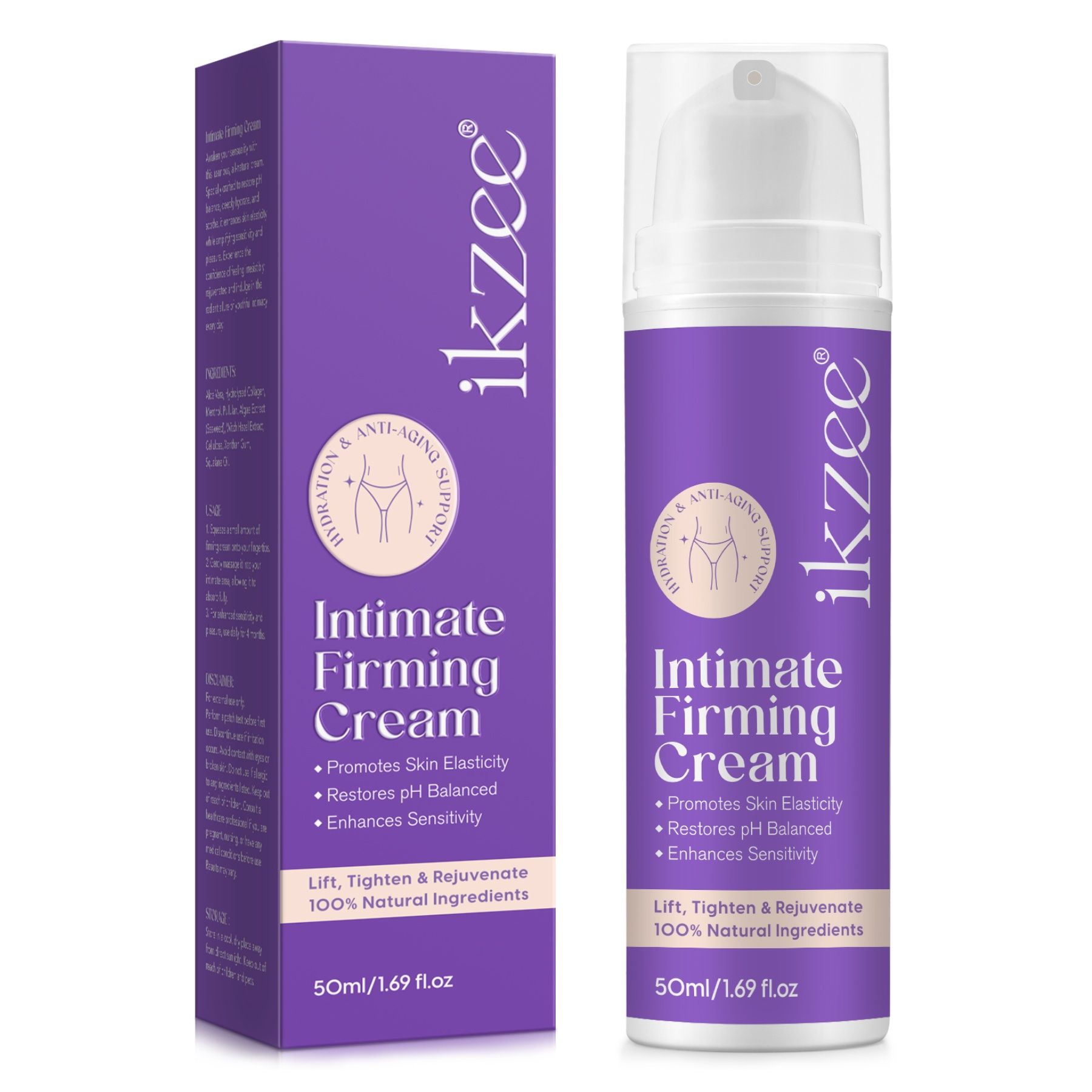 Lila Tube und Karton mit Produktnamen 'Intimate Firming Cream' und Marke 'ikzee'. Enthält 50ml/1.69 fl.oz.