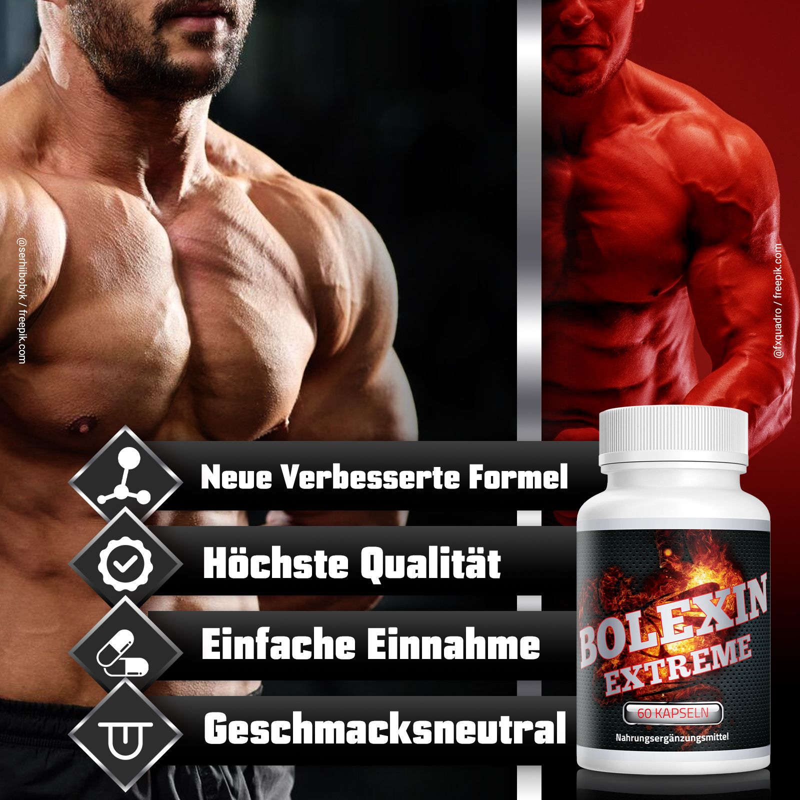 Weiße Flasche mit schwarzem Etikett. Aufschrift: BOLEXIN EXTREME, 60 Kapseln. Text: Nahrungsergänzungsmittel. Grafiken: Neue Formel, höchste Qualität, einfache Einnahme, geschmacksneutral.