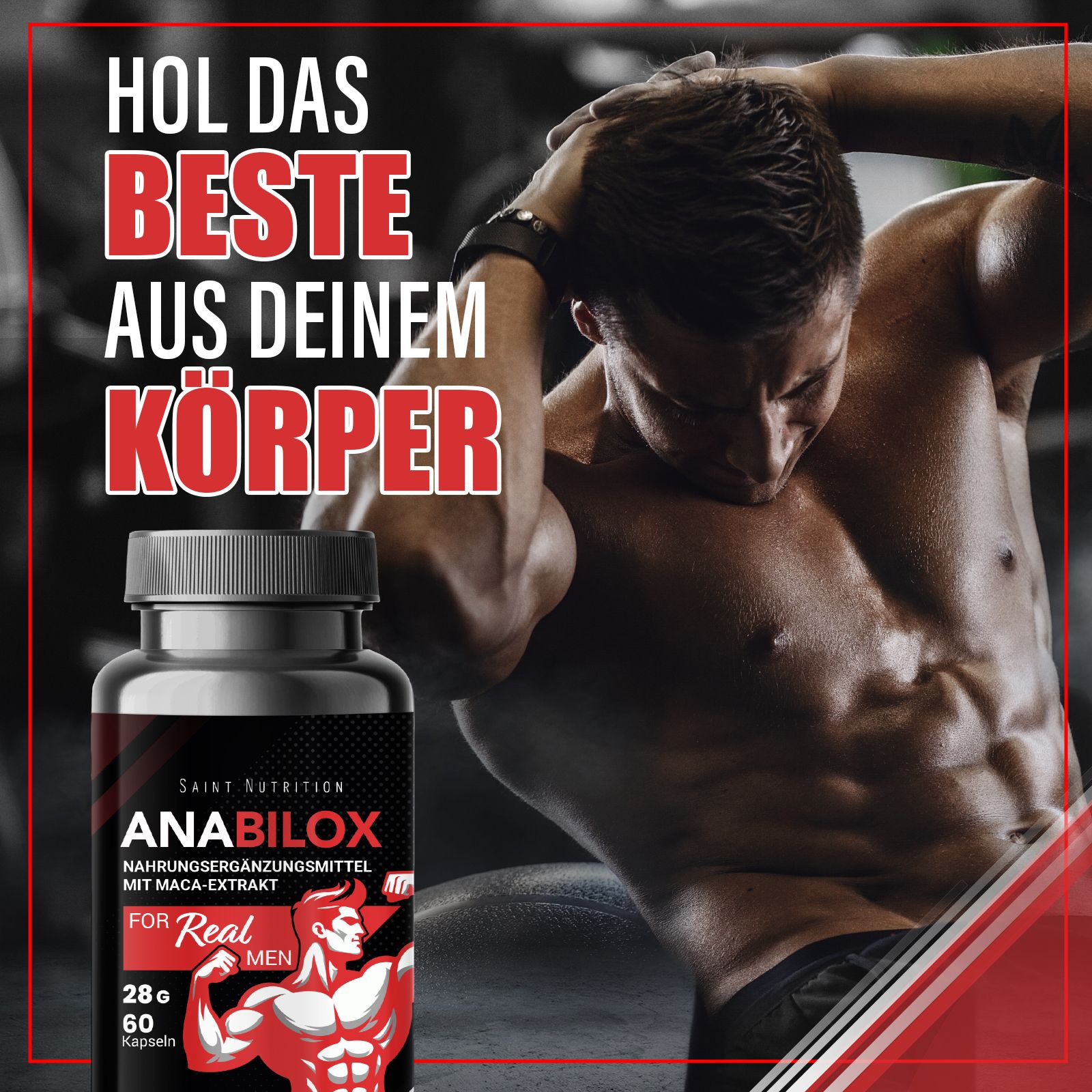 Produktflasche vor einem verschwommenen Hintergrund eines trainierenden Mannes. Aufschrift: ANA-BILOX, Nahrungsergänzungsmittel mit Maca-Extrakt. 28g, 60 Kapseln.