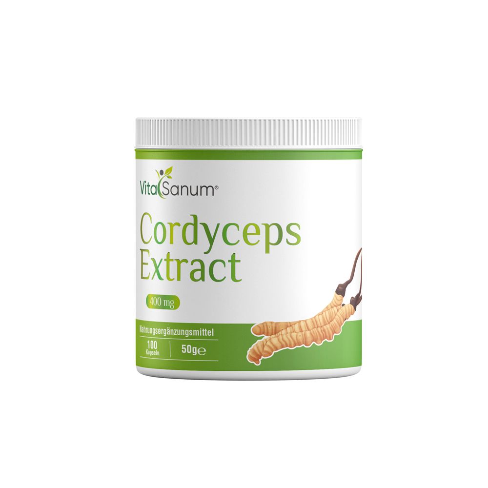VitaSanum Cordyceps Extract Dose. Weißes Gefäß mit grünem Etikett. Produktname und Abbildung des Cordyceps-Pilzes.