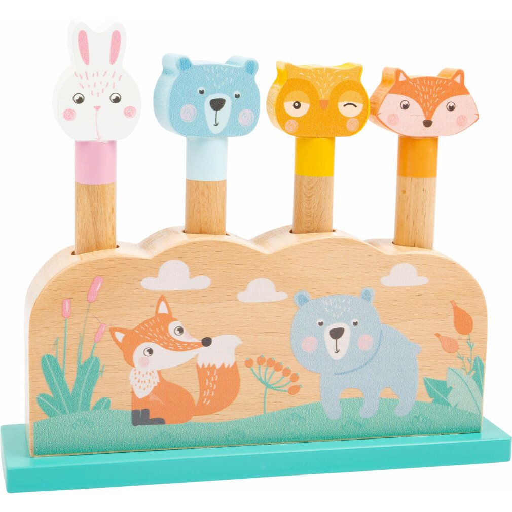 Holzspielzeug mit Tierfiguren. Hase, Bär, Eule und Fuchs auf Holzbasis mit Landschaftsmalerei.