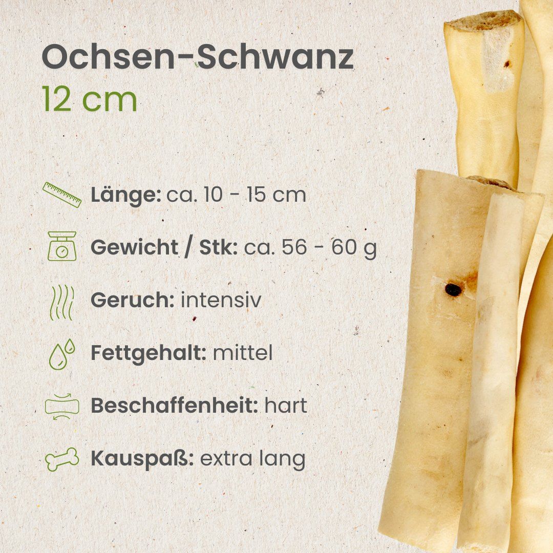 Fünf Ochsenschwanzstücke, getrocknet, mit Textinformationen.