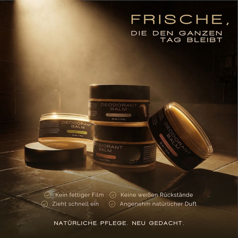 Mehrere Deodorant Balm-Tiegel. Text: Frische, die den ganzen Tag bleibt. Keine fettigen Filme, keine weißen Rückstände.
