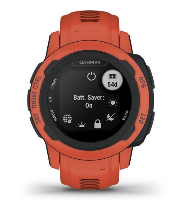 Garmin-Smartwatch in Orange und Schwarz. Das Display zeigt Informationen zur Batterie und Funktionen. Das Garmin-Logo ist sichtbar.