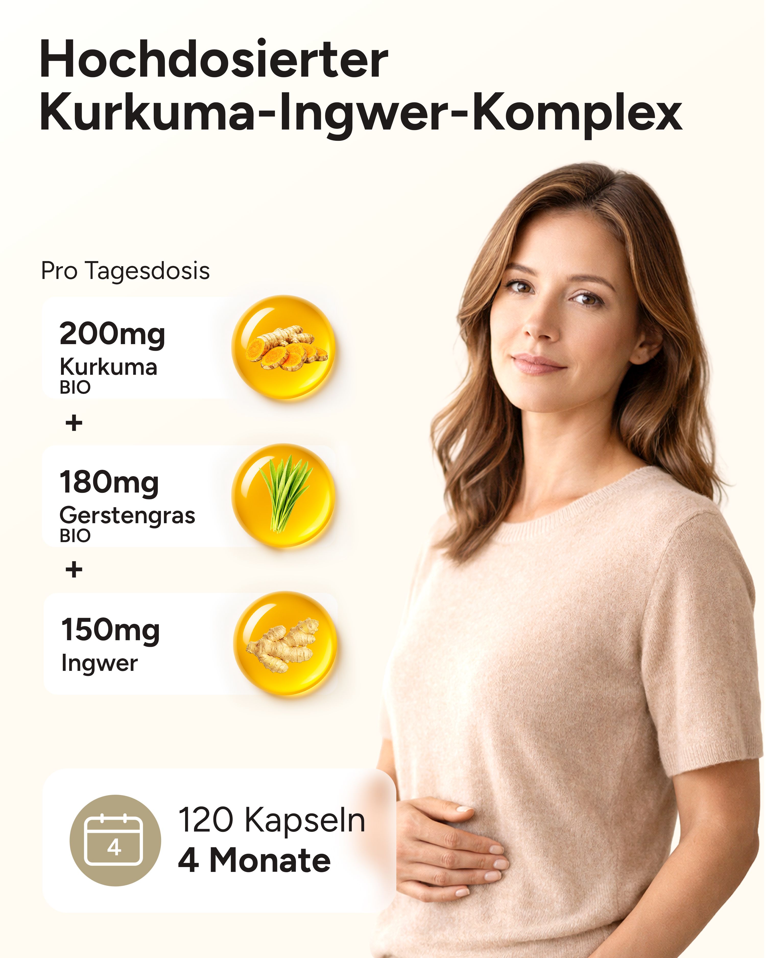 Frau mit Bauch. Text: 200mg Kurkuma, 180mg Gerstengras, 150mg Ingwer. 120 Kapseln, 4 Monate.