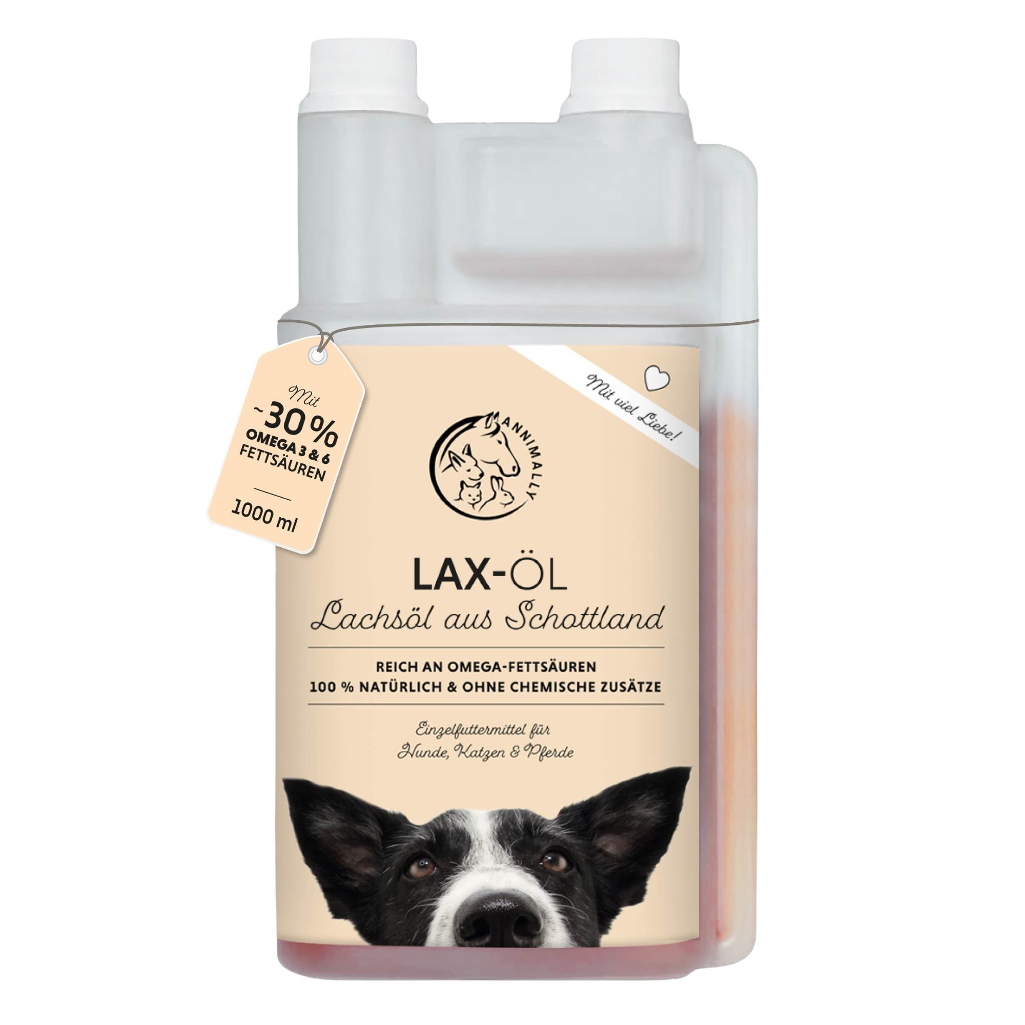 Flasche mit Lax-Öl XL. Anhänger mit -30% Omega-6-Fettsäuren. 1000 ml. Aufschrift: Lax-Öl aus Schottland. Für Hunde, Katzen & Pferde.