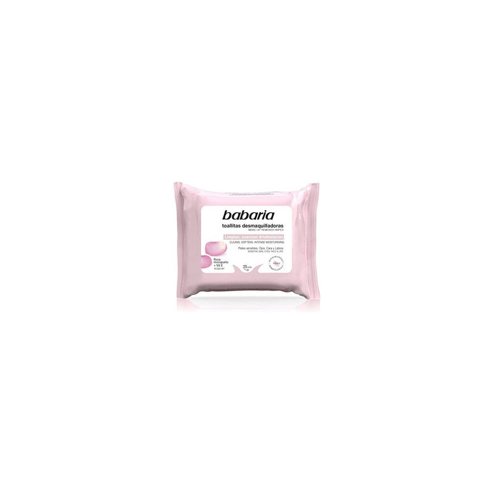 Rosa Mosqueta Make Up Remover Wipes von Babaria. Rosa Verpackung mit Produktnamen und Inhaltsstoffen. 25 Tücher.