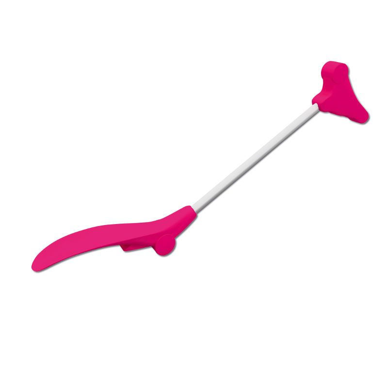 Pinkfarbene Ausziehhilfe mit weißem Stiel. Ein Ende ist gebogen, das andere hat eine fußförmige Form.