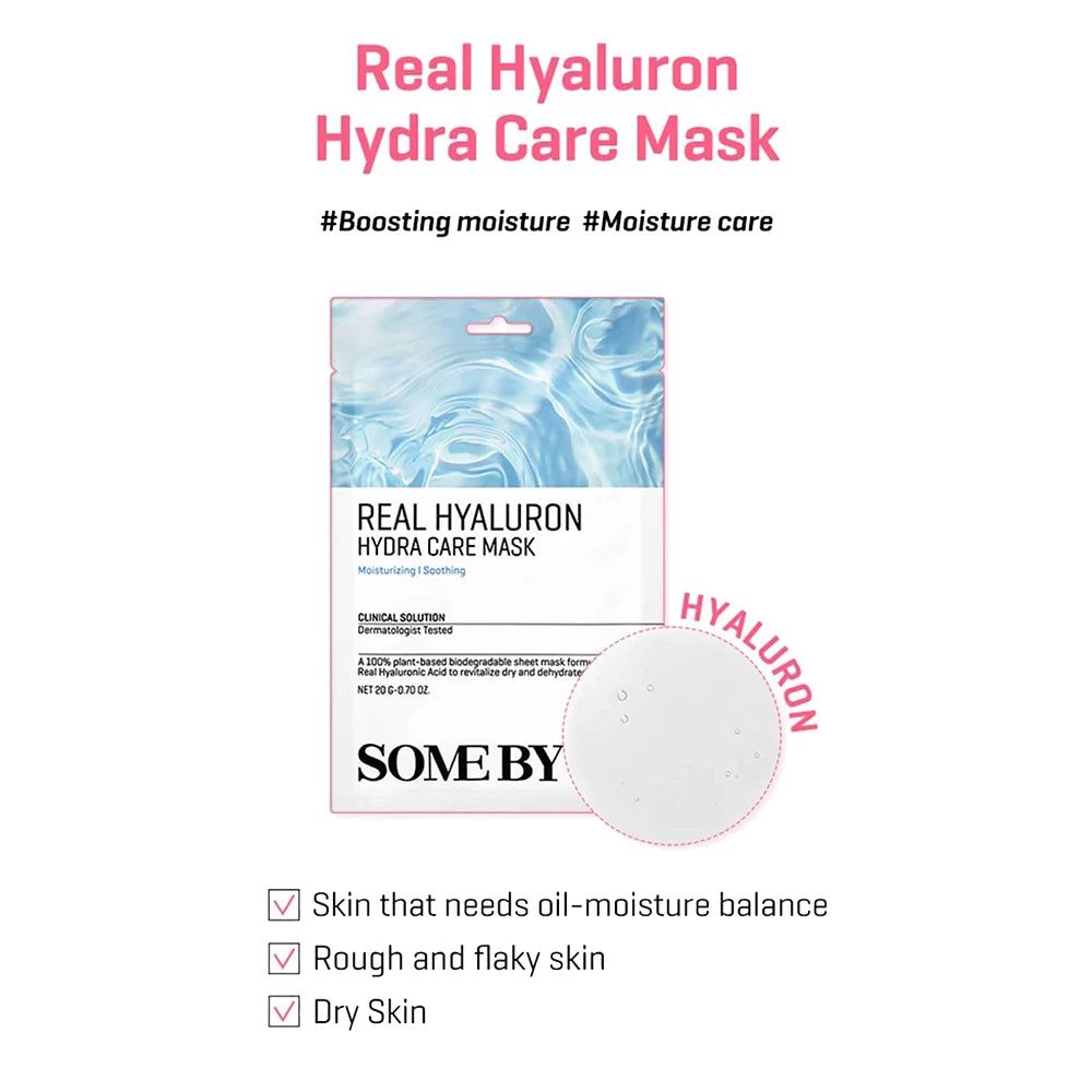Verpackung der SOMEBYMI Real Hyaluron Hydra Care Mask. Enthält eine Maske und eine runde Probe. Text: Real Hyaluron Hydra Care Mask.