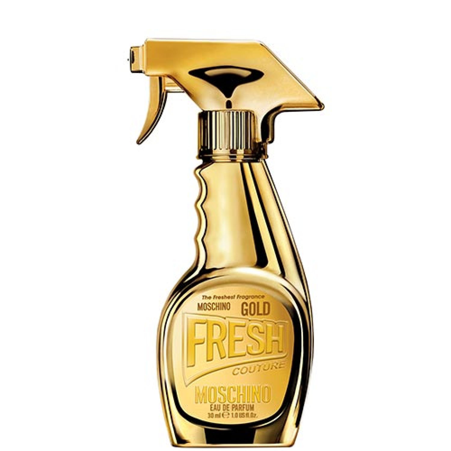 Flacone dorato a forma di spruzzatore. Scritta: FRESH COUTURE, MOSCHINO GOLD, Eau de Parfum.