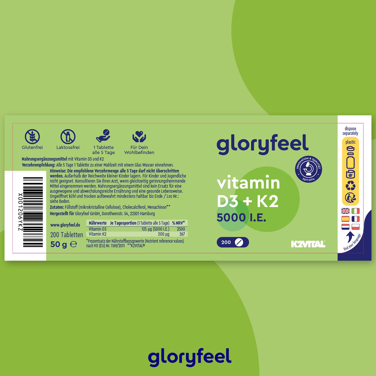 Grüne Verpackung mit gloryfeel Vitamin D3 + K2 Tabletten. Enthält 200 Tabletten. Gluten- und laktosefrei.