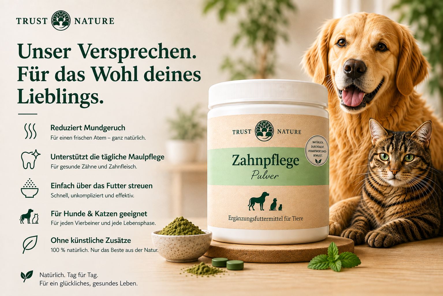 Trust Nature Zahnpflege Pulver Dose mit Hund und Katze.