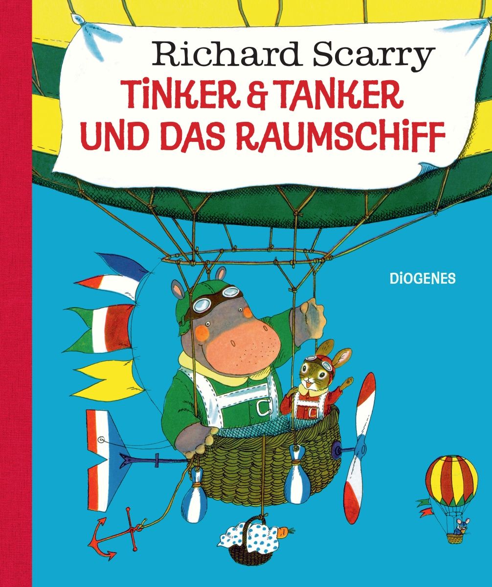 Buchcover: "Tinker & Tanker und das Raumschiff" von Richard Scarry. Illustration eines Nilpferds und eines Hasen in einem Korb-Luftschiff.