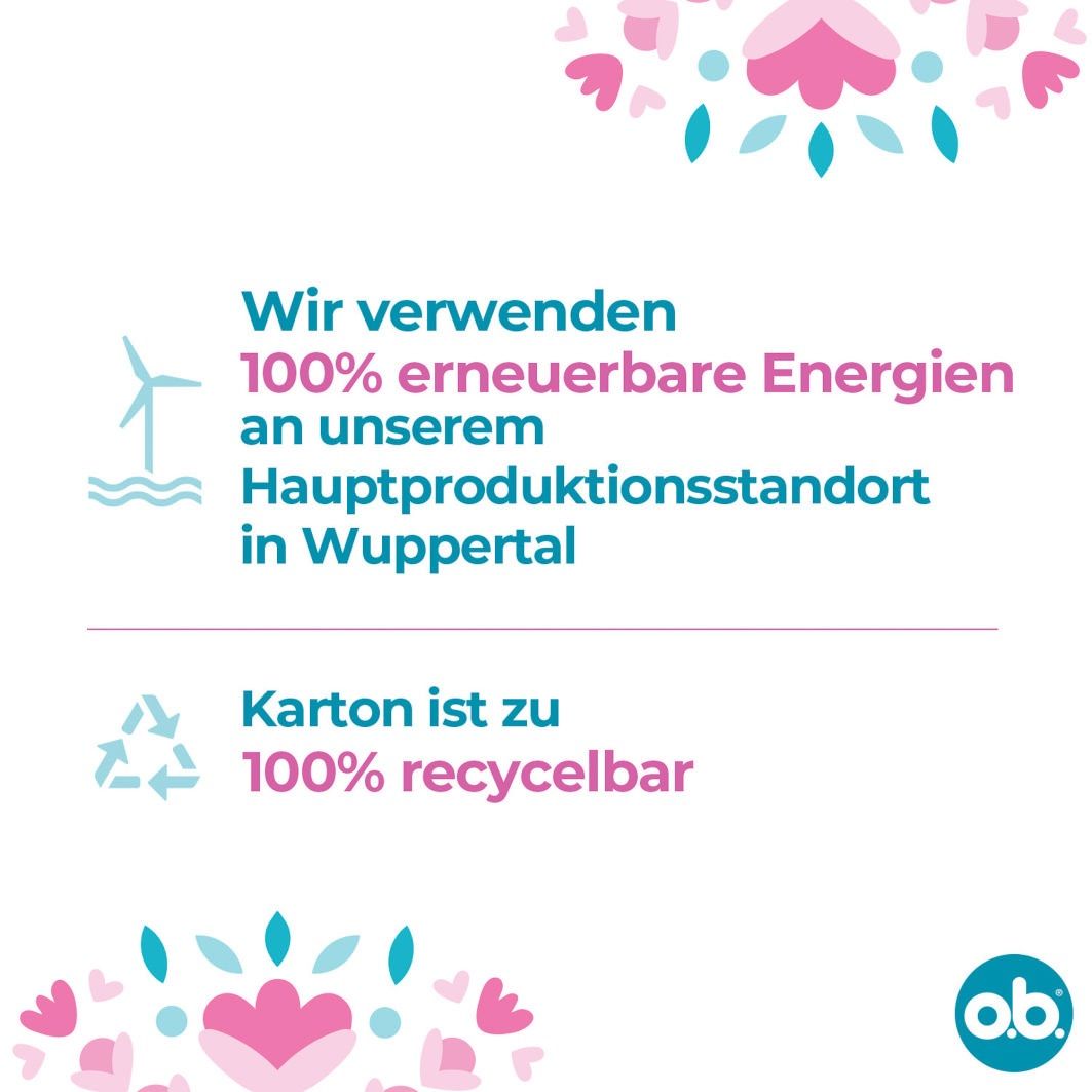 Text: Wir verwenden 100% erneuerbare Energien. Hauptproduktionsstandort in Wuppertal. Karton ist zu 100% recycelbar. O.B. Logo.
