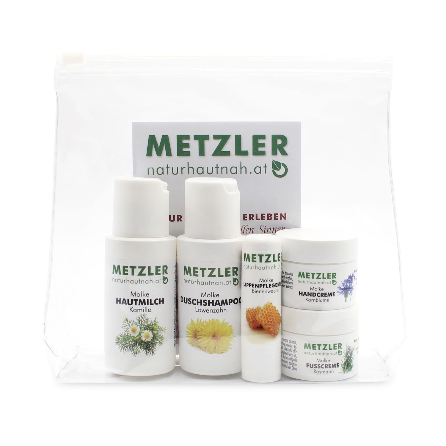 Kosmetik-Set im transparenten Beutel. Enthält Flaschen und Tiegel mit Produktnamen und Logo. Aufdrucke: METZLER, Hautmilch, Duschshampoo, Handcreme, Fußcreme.