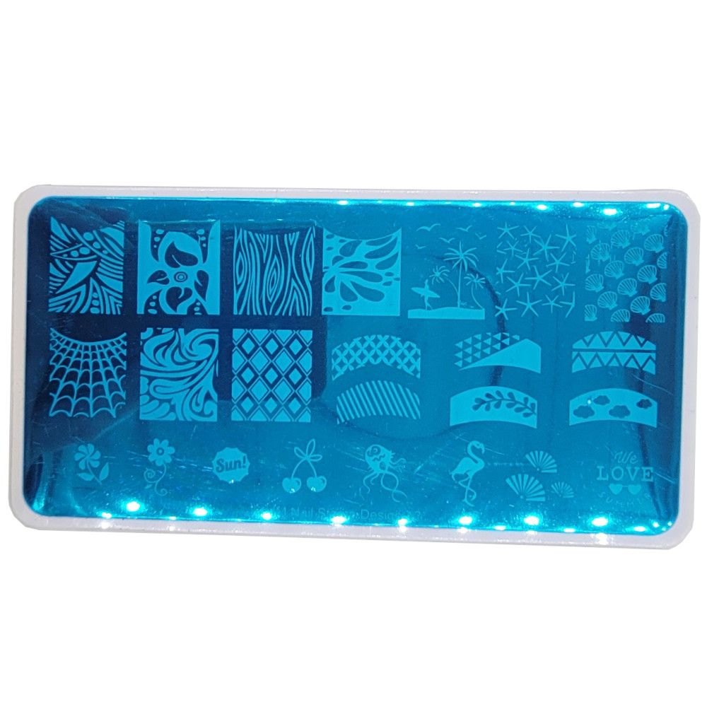 Rechteckige Stamping-Platte mit verschiedenen Designs: Blumen, Holzmaserung, geometrische Muster, Palmen, Muscheln und Schriftzug "LOVE".