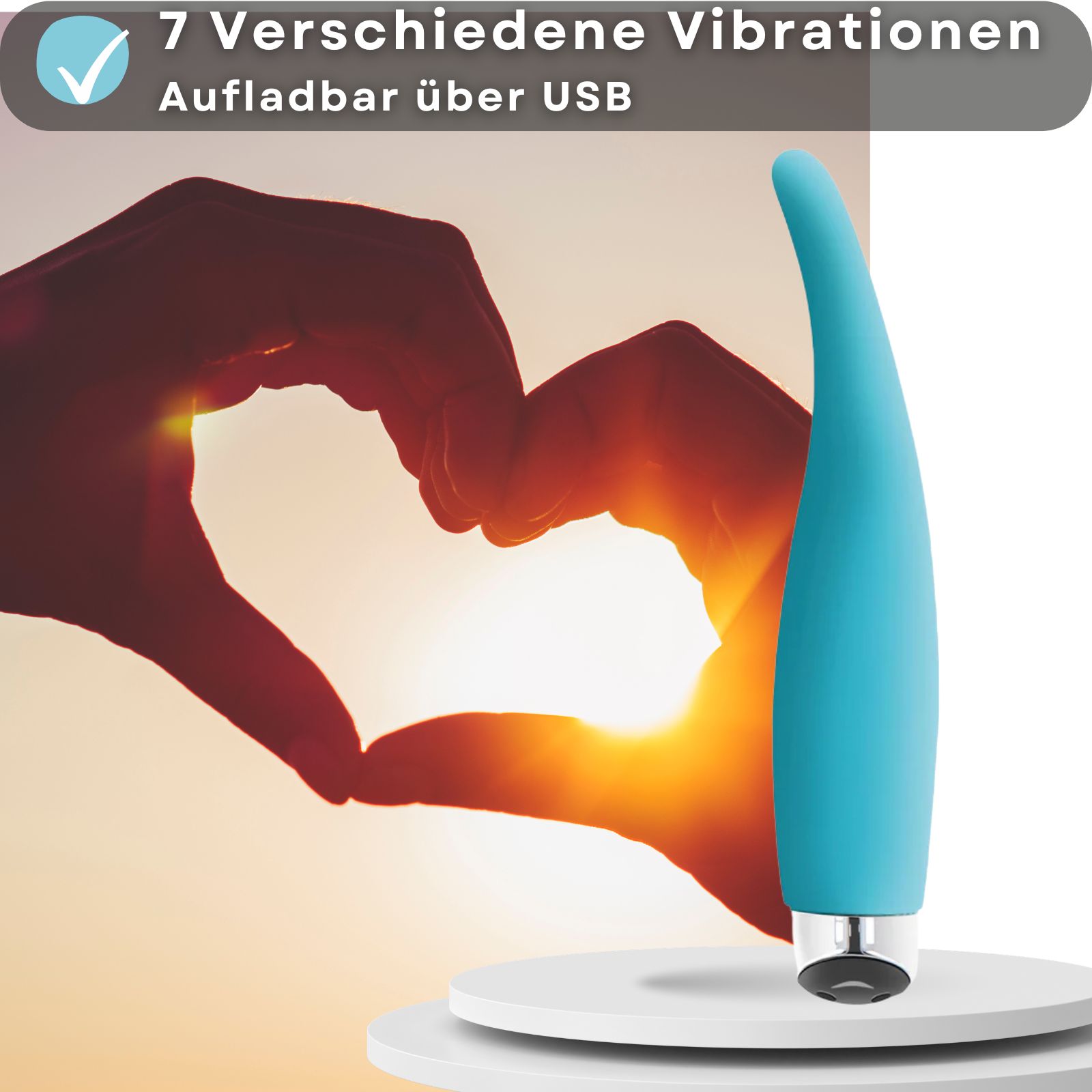 Blauer Vibrator. Text: 7 Vibrationen, USB aufladbar.
