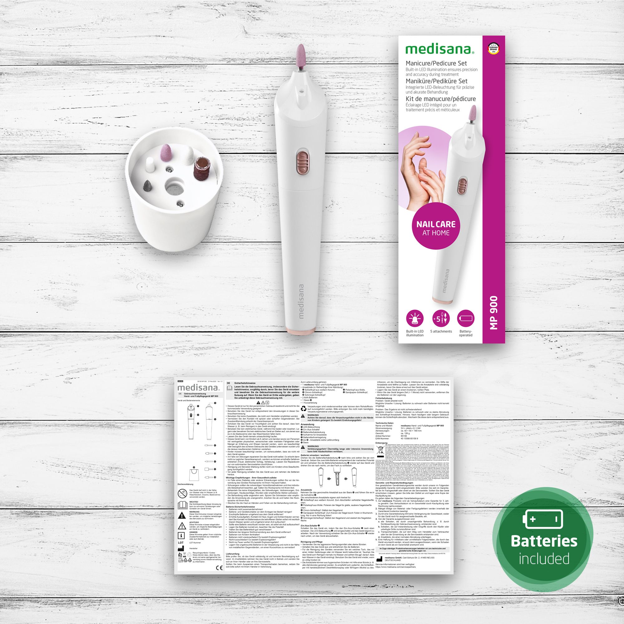 Maniküre-/Pediküre-Set mit Verpackung, Zubehör und Anleitungen. Enthält Batterien. Das Set ist weiß und rosa.