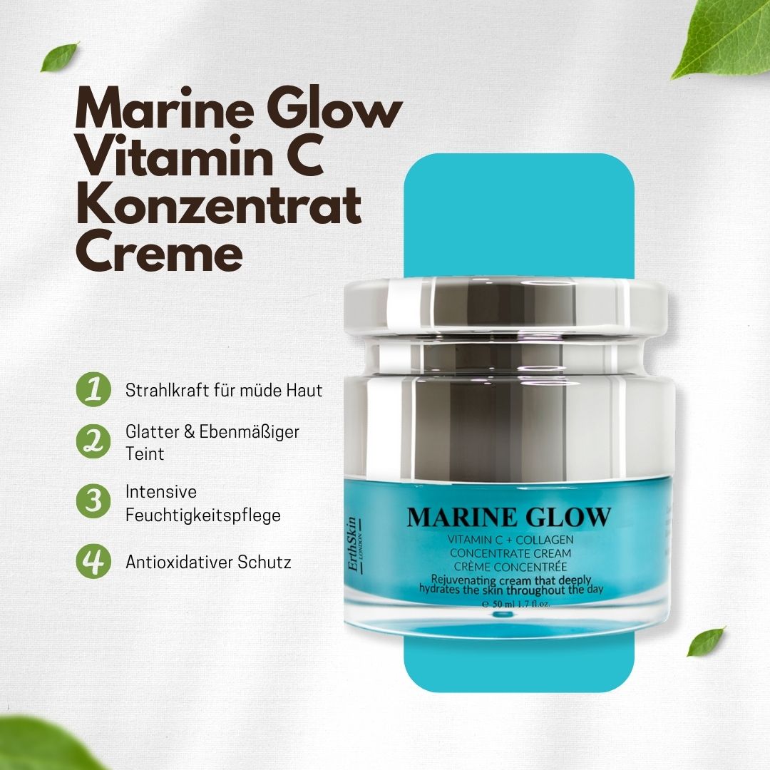 Pot de crème avec texte. Inscription: Marine Glow, Vitamine C, Crème concentrée. Marque: ErthSkin London. Texte: Éclat pour peau fatiguée, etc.