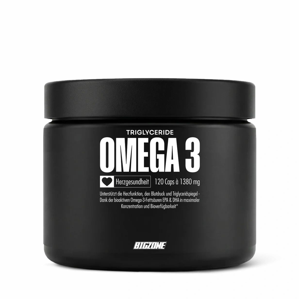 Schwarze Dose mit 'OMEGA 3' und 'Herzgesundheit' Aufdruck. 120 Kapseln. Marke: BIGZONE.