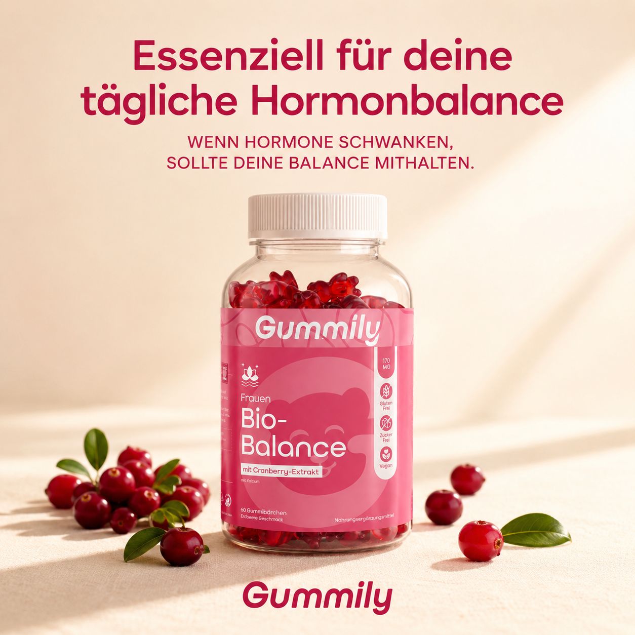 Gummily Frauen Bio-Balance Gummies Flasche, wichtig für tägliche Hormonbalance.