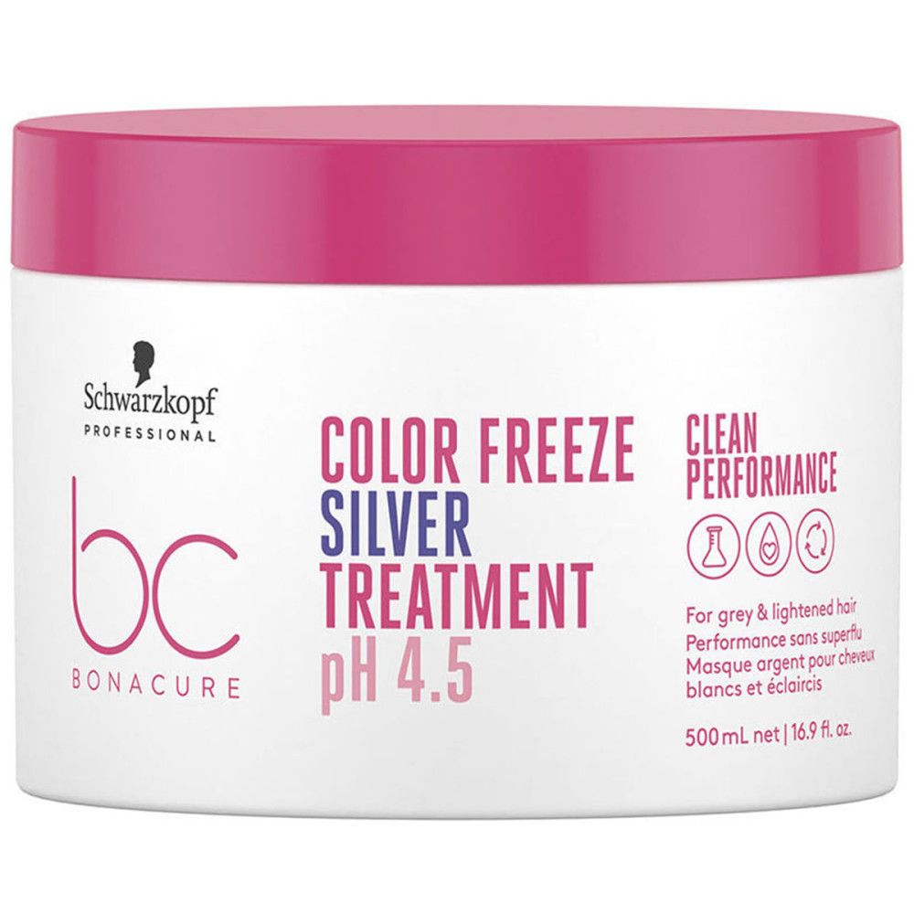 Weißer Tiegel mit pinkfarbenem Deckel. Aufschrift: Schwarzkopf, BC Bonacure, Color Freeze Silver Treatment pH 4.5. Für graues und blondiertes Haar.