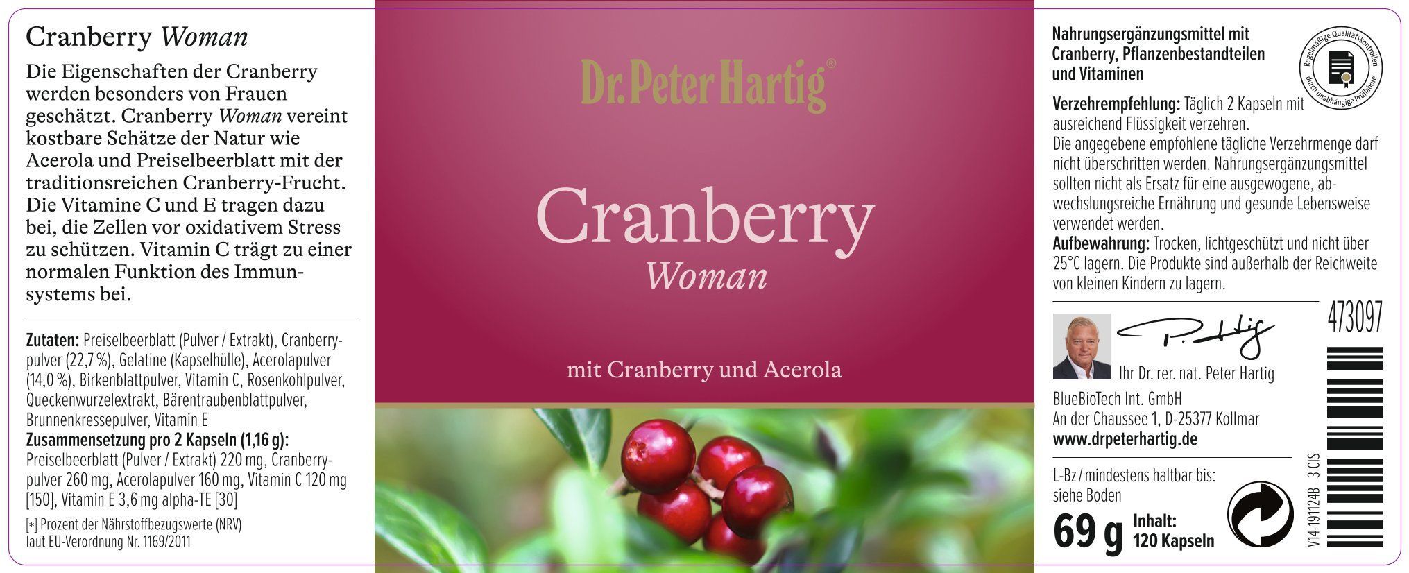 Produktetikett mit Text und Cranberry-Abbildung. Text: "Dr. Peter Hartig Cranberry Woman mit Cranberry und Acerola".