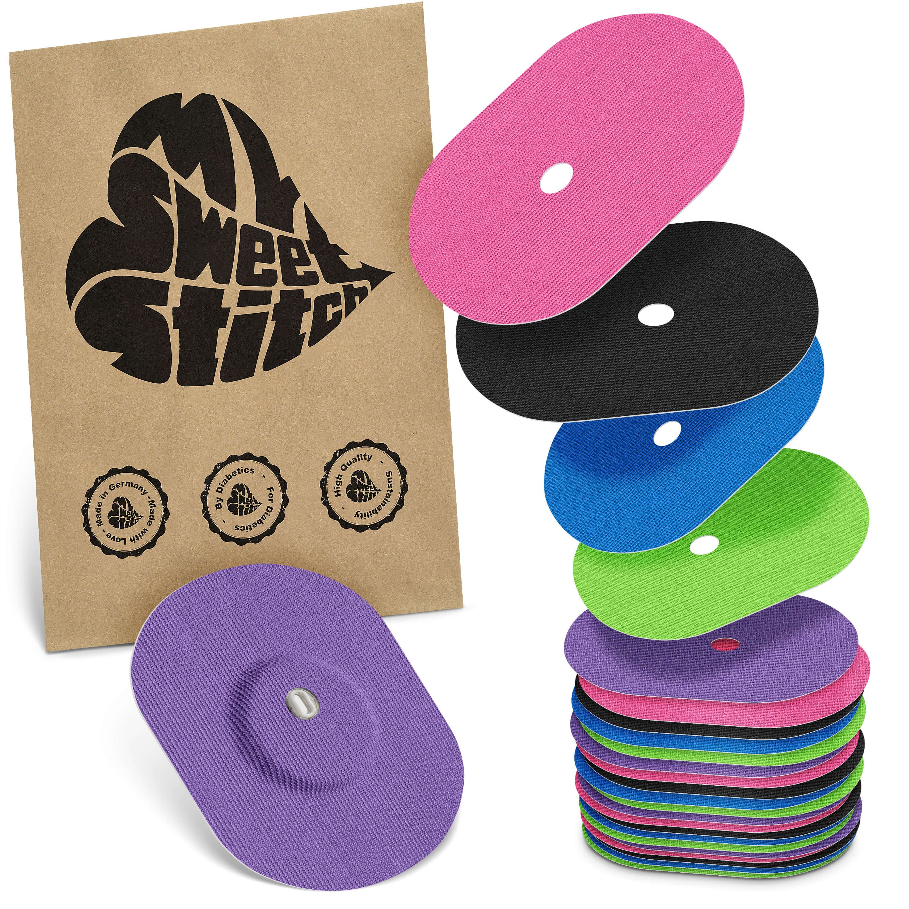 Verschiedenfarbige, ovale Pflaster mit Loch in der Mitte. Braune Papiertüte mit Logo und Siegeln. Stapel von Pflastern in verschiedenen Farben.