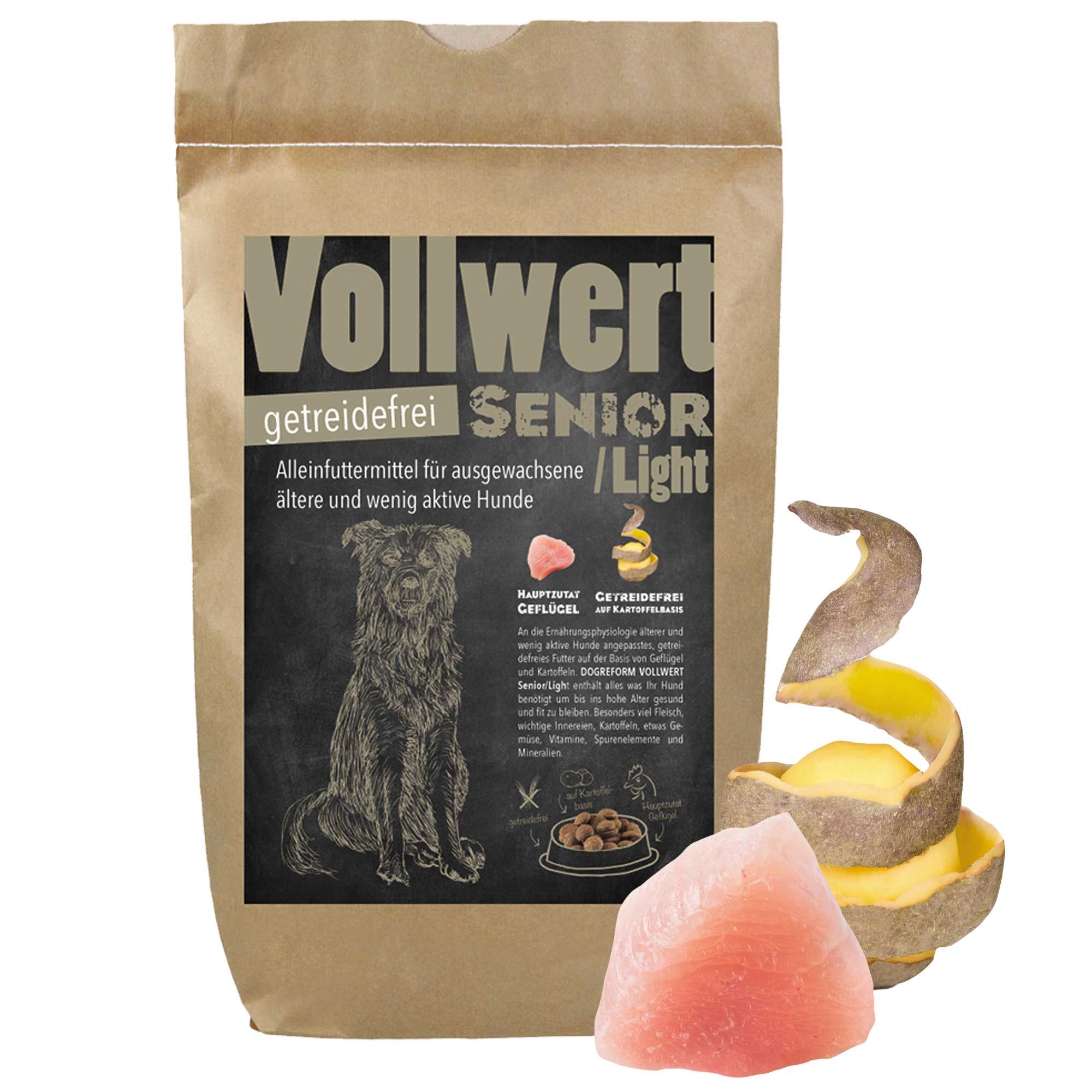 Braune Papiertüte mit Aufdruck. "Vollwert Senior/Light" und Illustration eines Hundes. Text: getreidefrei, Alleinfuttermittel. Daneben Kartoffel.
