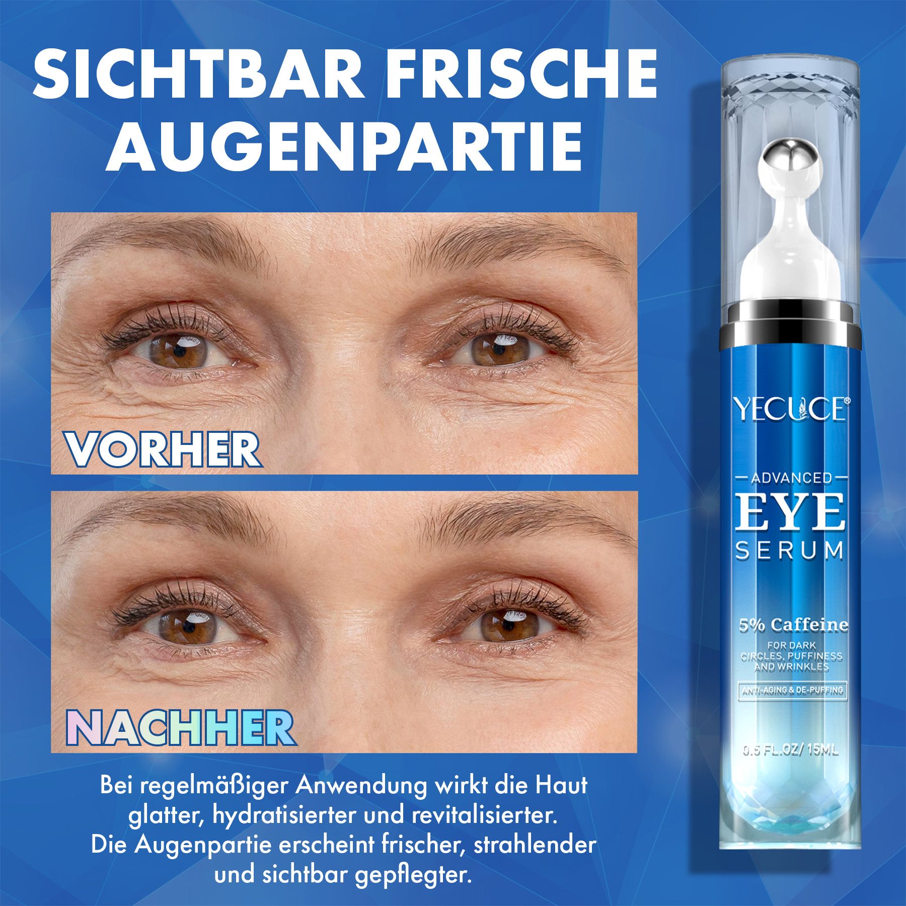 Vorher-Nachher-Vergleich der Augenpartie nach Anwendung eines Augen Serums.
