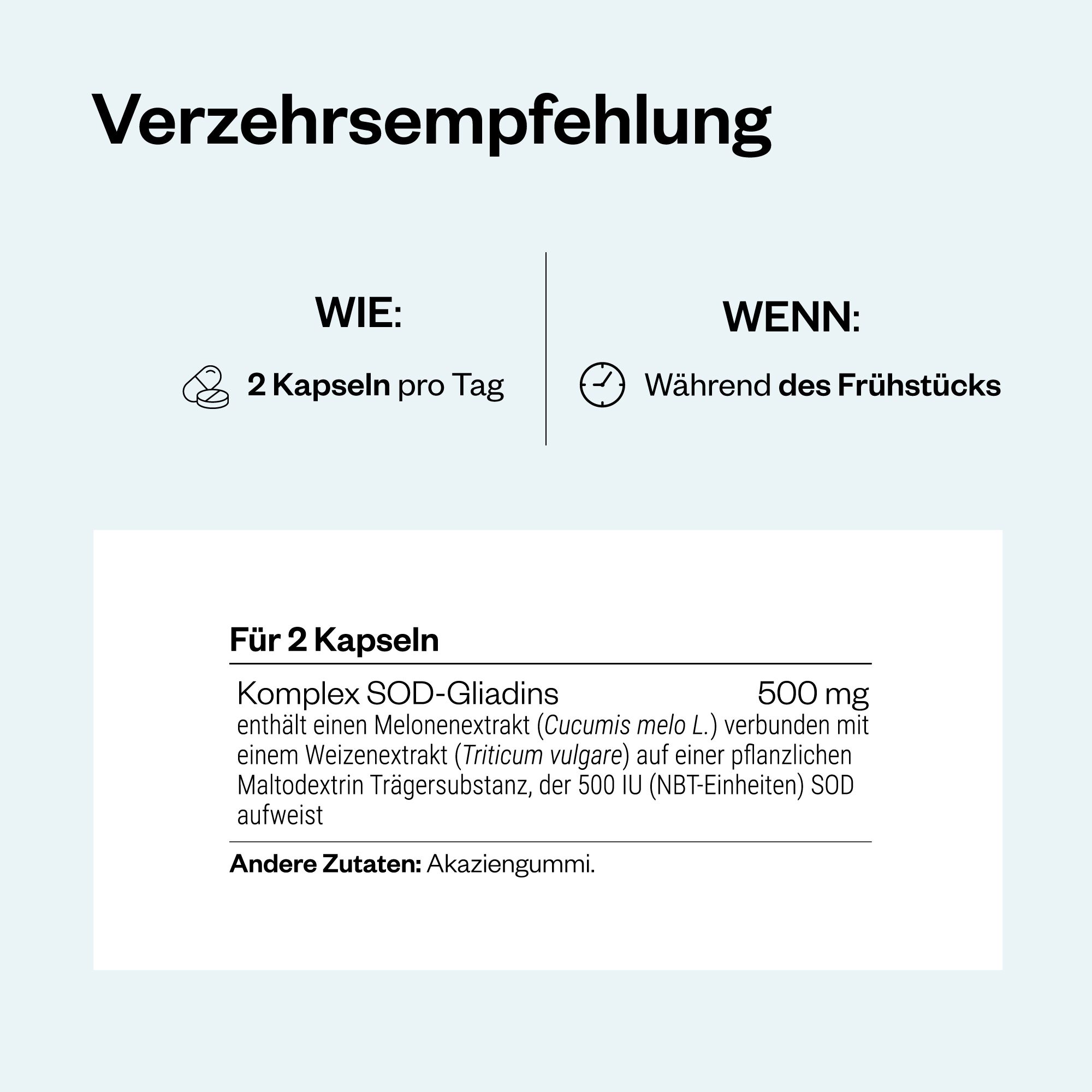 Text: Einnahmeempfehlung. 2 Kapseln pro Tag, während des Frühstücks. Inhaltsstoffe: Melonenextrakt, Weizenextrakt.